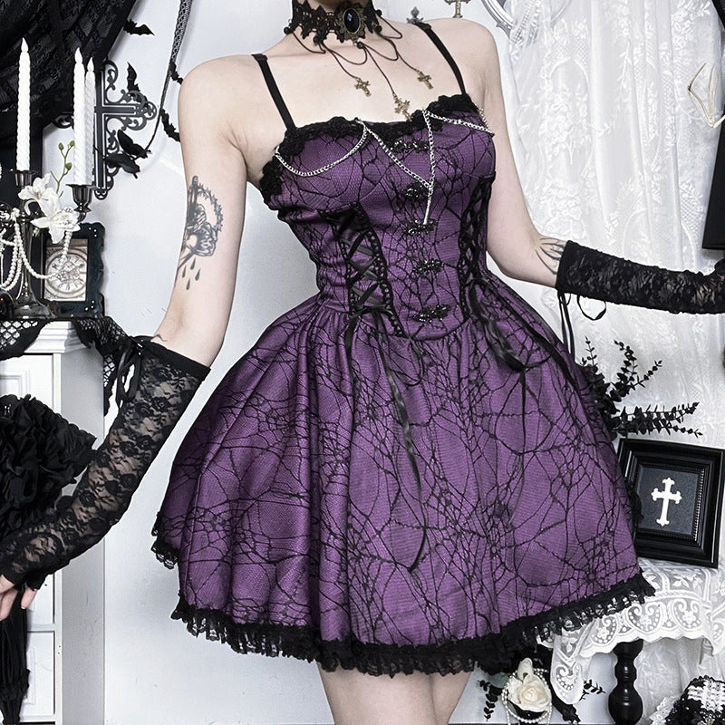 Bewitching Purple Spiderweb Goth Mini Dress - Halloween Party & Beyond