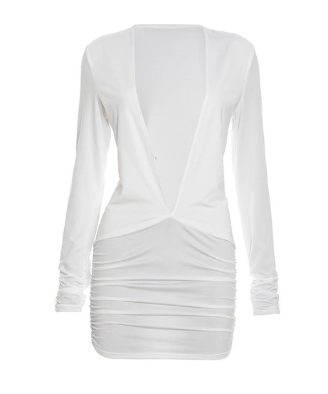 Sleek & Sexy White Plunge V-Neck Ruched Mini Dress - Long Sleeve Bodycon for Fall Parties & Holiday Nights