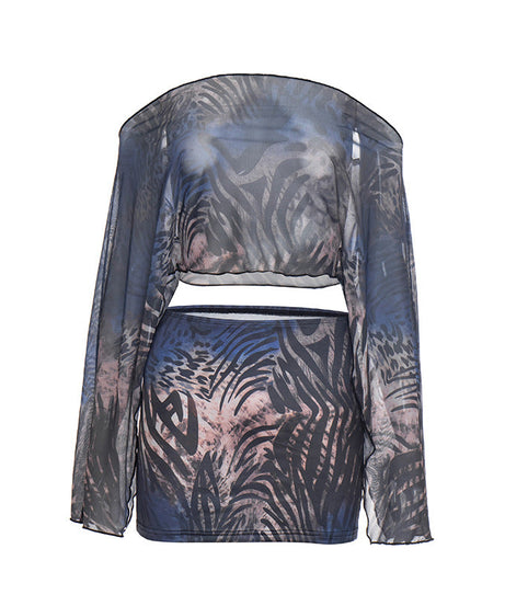 Wild Orchid Mesh Animal Print Off-Shoulder Crop Top & Mini Skirt Set - Your Go-To for Fall/Holiday Parties