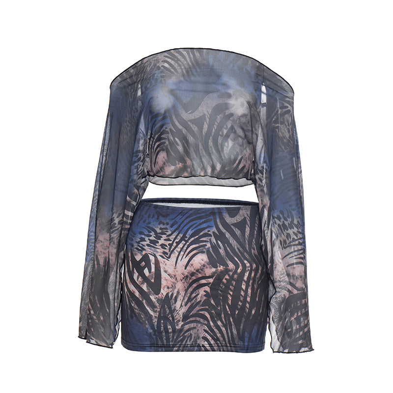 Wild Orchid Mesh Animal Print Off-Shoulder Crop Top & Mini Skirt Set - Your Go-To for Fall/Holiday Parties