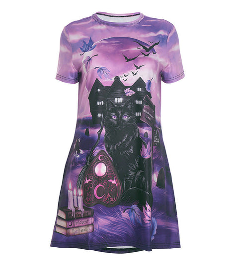 Enchanted Black Cat & Ouija Board Mini Dress - Your Ultimate Halloween & Spooky Season Style!