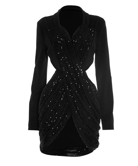 Dazzling Black Sequin Cutout Mini Dress - Long Sleeve Holiday & NYE Party Glam