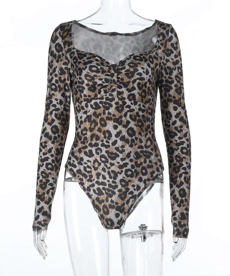 Chic Leopard Print Sweetheart Ruched Bodysuit - Long Sleeve Fall & Holiday Style for Women