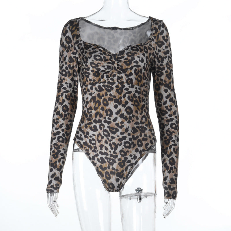 Chic Leopard Print Sweetheart Ruched Bodysuit - Long Sleeve Fall & Holiday Style for Women