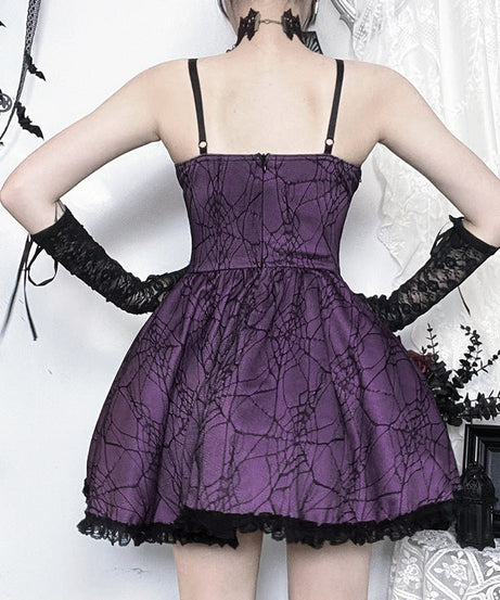 Bewitching Purple Spiderweb Goth Mini Dress - Halloween Party & Beyond