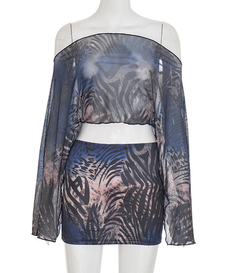 Wild Orchid Mesh Animal Print Off-Shoulder Crop Top & Mini Skirt Set - Your Go-To for Fall/Holiday Parties
