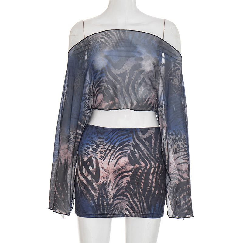 Wild Orchid Mesh Animal Print Off-Shoulder Crop Top & Mini Skirt Set - Your Go-To for Fall/Holiday Parties