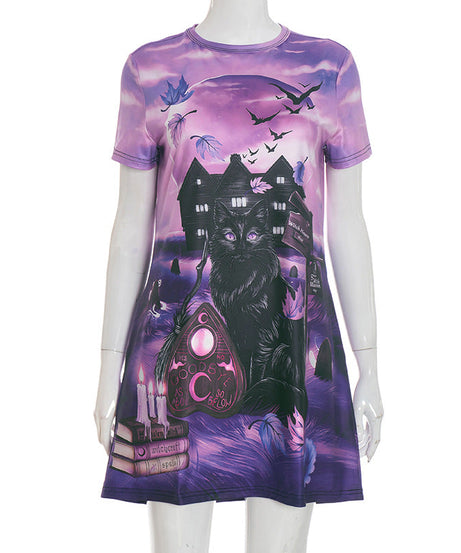 Enchanted Black Cat & Ouija Board Mini Dress - Your Ultimate Halloween & Spooky Season Style!