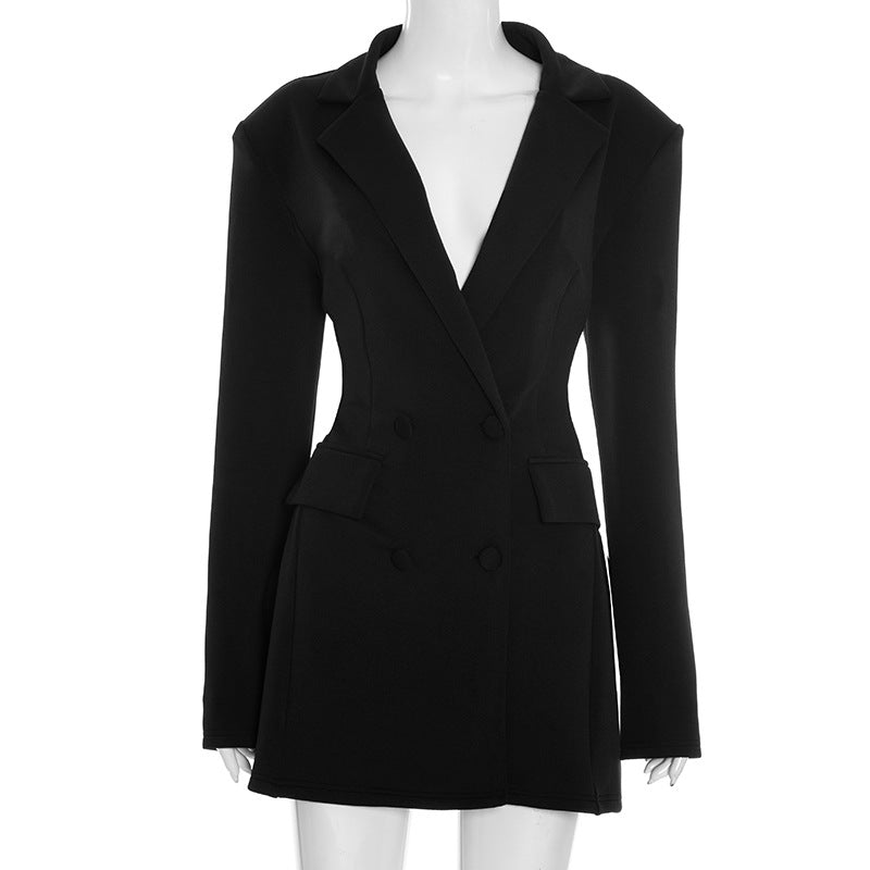 Chic Black Double-Breasted Blazer Mini Dress - Fall & Holiday Party Ready