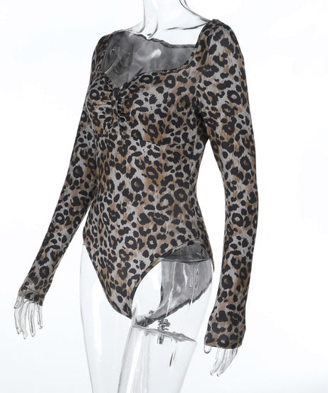Chic Leopard Print Sweetheart Ruched Bodysuit - Long Sleeve Fall & Holiday Style for Women