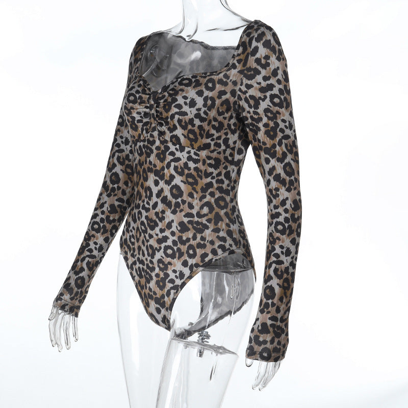 Chic Leopard Print Sweetheart Ruched Bodysuit - Long Sleeve Fall & Holiday Style for Women