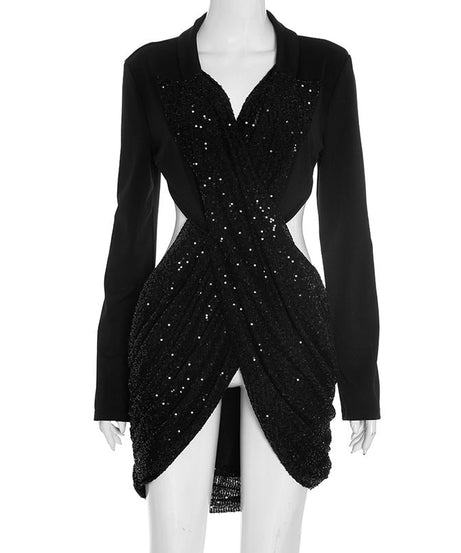 Dazzling Black Sequin Cutout Mini Dress - Long Sleeve Holiday & NYE Party Glam