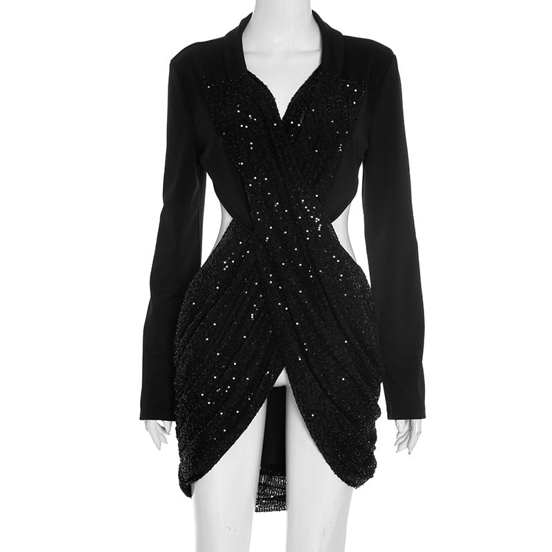 Dazzling Black Sequin Cutout Mini Dress - Long Sleeve Holiday & NYE Party Glam