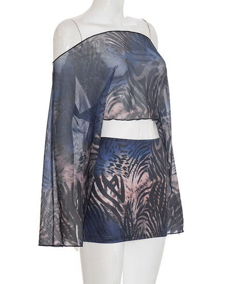 Wild Orchid Mesh Animal Print Off-Shoulder Crop Top & Mini Skirt Set - Your Go-To for Fall/Holiday Parties