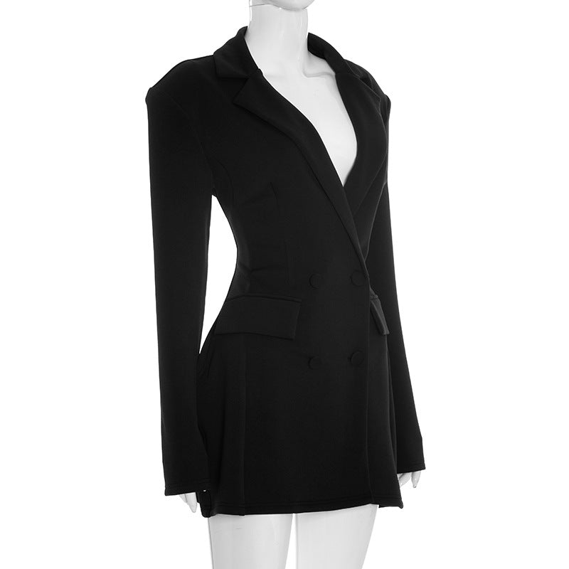 Chic Black Double-Breasted Blazer Mini Dress - Fall & Holiday Party Ready