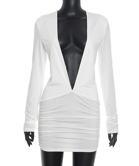 Sleek & Sexy White Plunge V-Neck Ruched Mini Dress - Long Sleeve Bodycon for Fall Parties & Holiday Nights