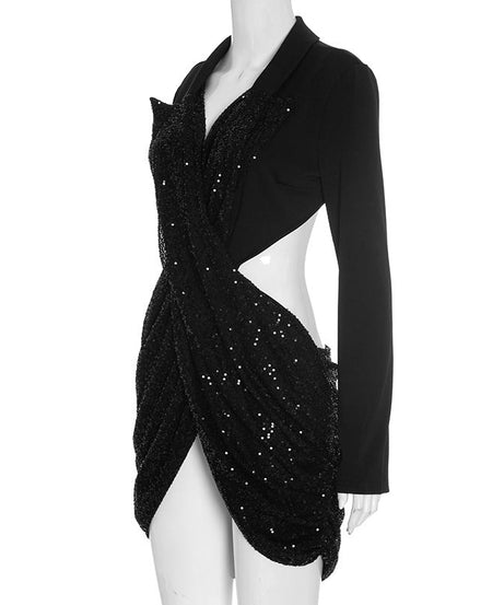 Dazzling Black Sequin Cutout Mini Dress - Long Sleeve Holiday & NYE Party Glam