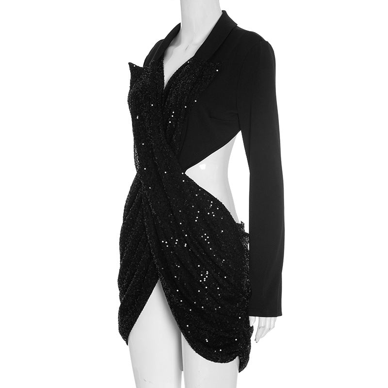 Dazzling Black Sequin Cutout Mini Dress - Long Sleeve Holiday & NYE Party Glam