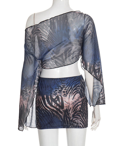 Wild Orchid Mesh Animal Print Off-Shoulder Crop Top & Mini Skirt Set - Your Go-To for Fall/Holiday Parties