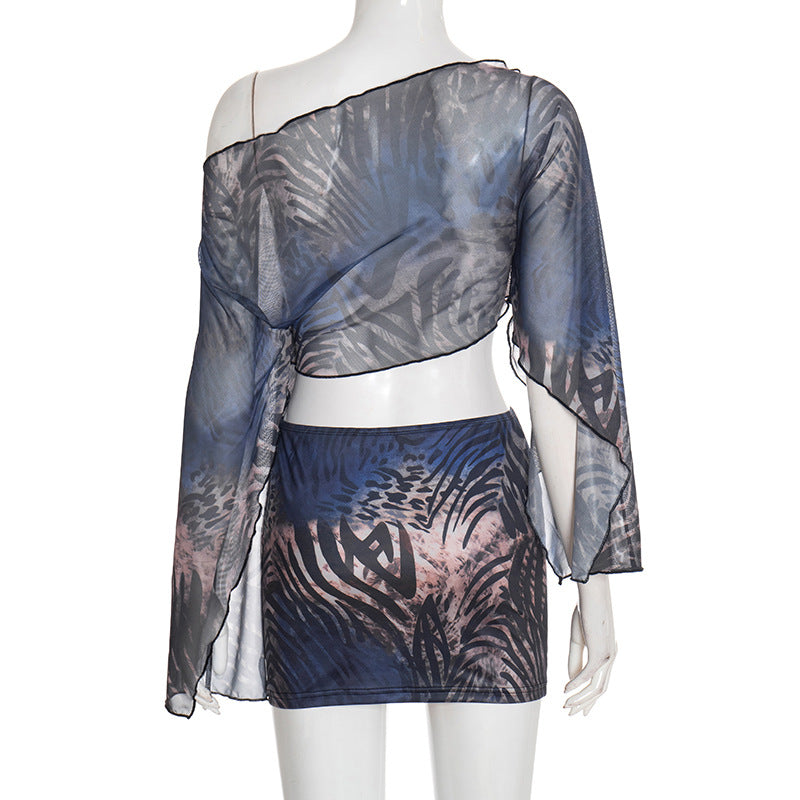 Wild Orchid Mesh Animal Print Off-Shoulder Crop Top & Mini Skirt Set - Your Go-To for Fall/Holiday Parties