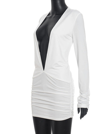 Sleek & Sexy White Plunge V-Neck Ruched Mini Dress - Long Sleeve Bodycon for Fall Parties & Holiday Nights