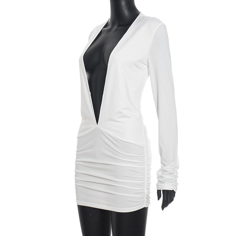 Sleek & Sexy White Plunge V-Neck Ruched Mini Dress - Long Sleeve Bodycon for Fall Parties & Holiday Nights