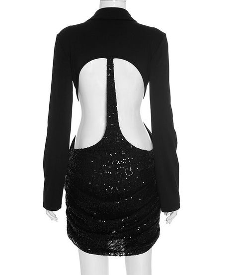 Dazzling Black Sequin Cutout Mini Dress - Long Sleeve Holiday & NYE Party Glam