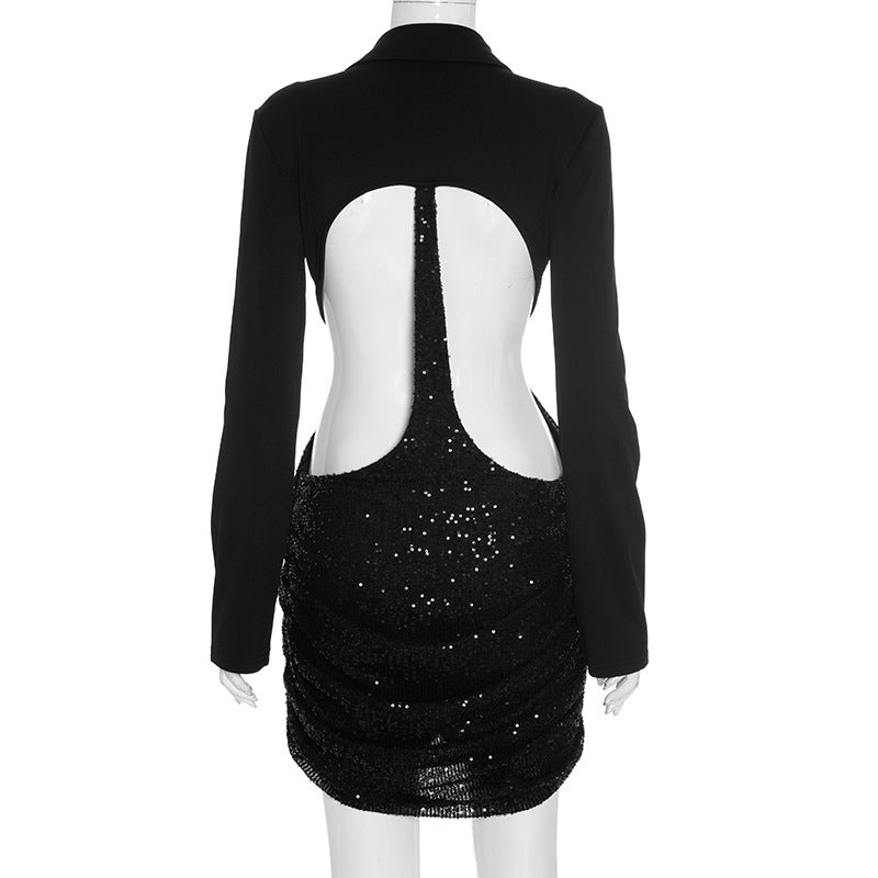 Dazzling Black Sequin Cutout Mini Dress - Long Sleeve Holiday & NYE Party Glam