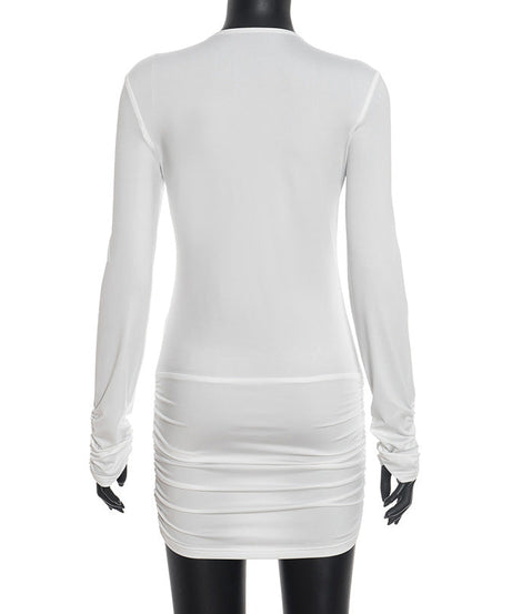 Sleek & Sexy White Plunge V-Neck Ruched Mini Dress - Long Sleeve Bodycon for Fall Parties & Holiday Nights
