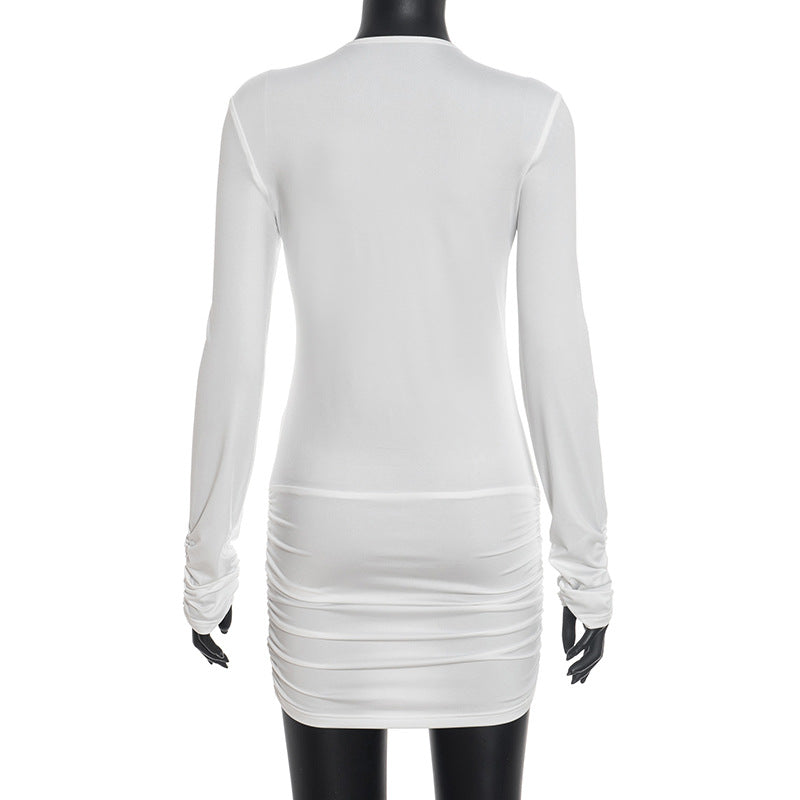 Sleek & Sexy White Plunge V-Neck Ruched Mini Dress - Long Sleeve Bodycon for Fall Parties & Holiday Nights