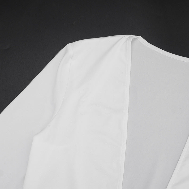 Sleek & Sexy White Plunge V-Neck Ruched Mini Dress - Long Sleeve Bodycon for Fall Parties & Holiday Nights
