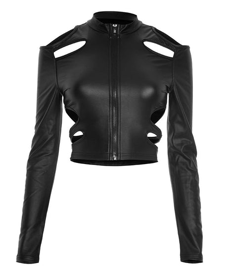 Unleash Your Edge: Sleek Faux Leather Cut-Out Crop Top - Mock Neck Zip-Up Long Sleeve for Fall & Holiday Parties
