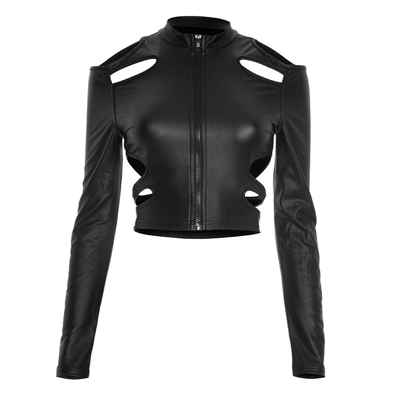 Unleash Your Edge: Sleek Faux Leather Cut-Out Crop Top - Mock Neck Zip-Up Long Sleeve for Fall & Holiday Parties