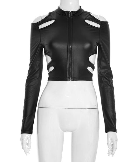 Unleash Your Edge: Sleek Faux Leather Cut-Out Crop Top - Mock Neck Zip-Up Long Sleeve for Fall & Holiday Parties