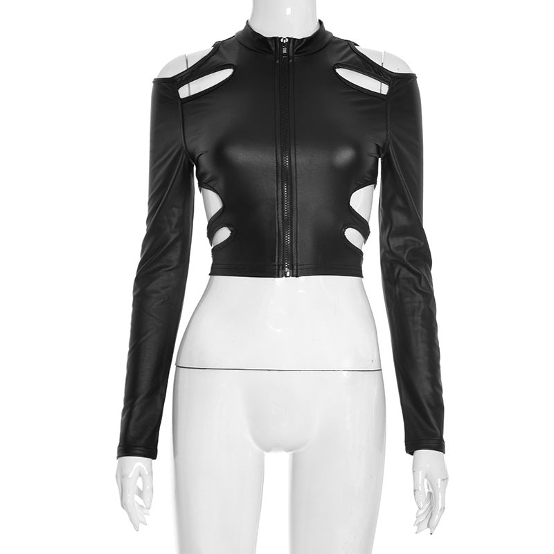 Unleash Your Edge: Sleek Faux Leather Cut-Out Crop Top - Mock Neck Zip-Up Long Sleeve for Fall & Holiday Parties