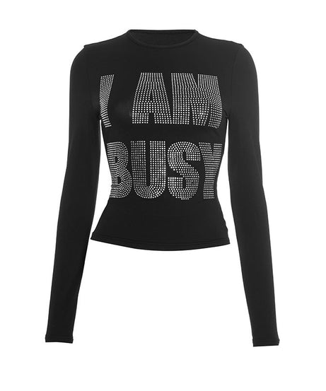 "I AM BUSY" Rhinestone Long Sleeve Top - Fall & Holiday Statement Tee for Women