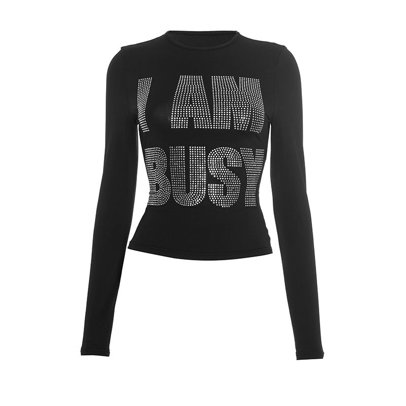 "I AM BUSY" Rhinestone Long Sleeve Top - Fall & Holiday Statement Tee for Women