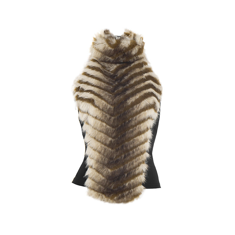 Glamorous Chevron Faux Fur Halter Top: Backless Style for Fall & Winter Celebrations