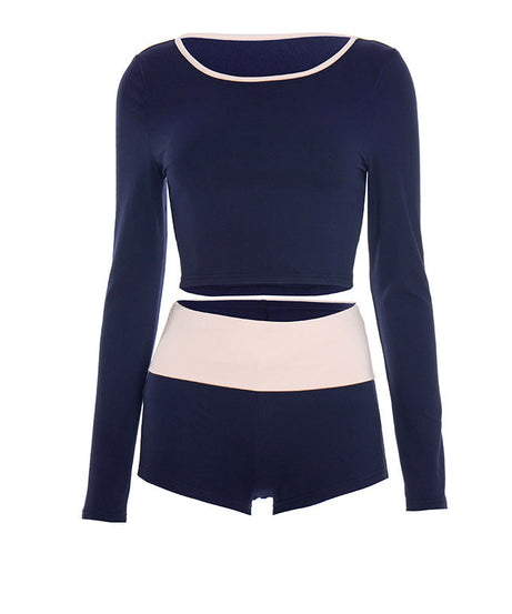 Effortless Fall Comfort: Chic Navy Long Sleeve Crop Top & High-Waisted Shorts Set