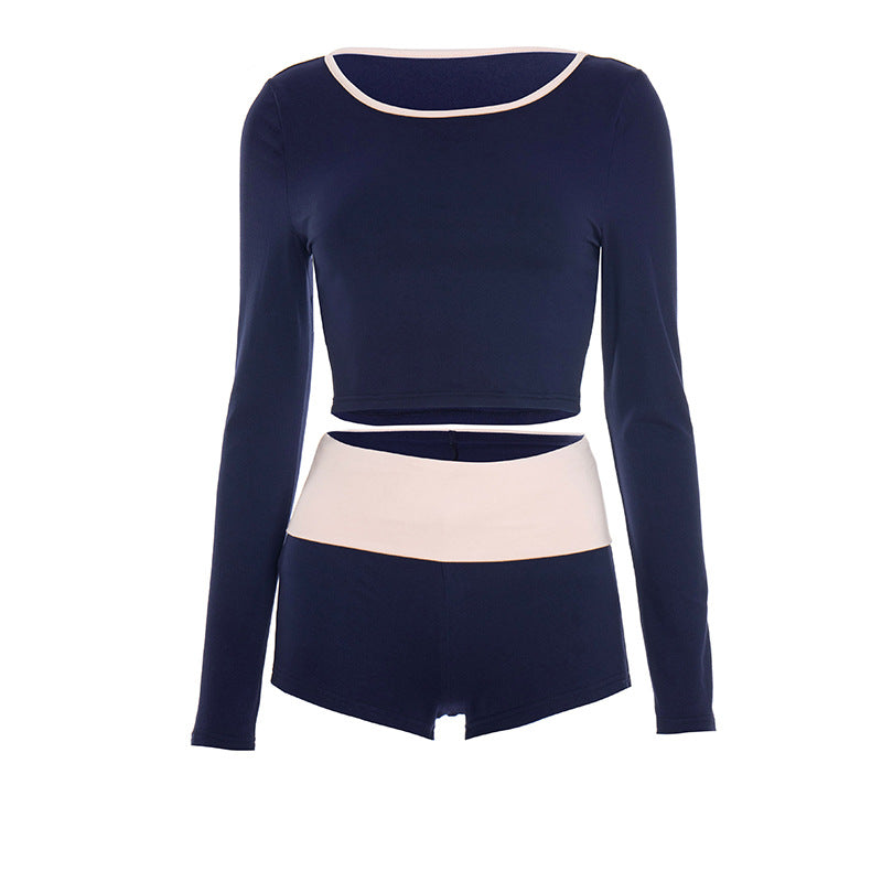 Effortless Fall Comfort: Chic Navy Long Sleeve Crop Top & High-Waisted Shorts Set