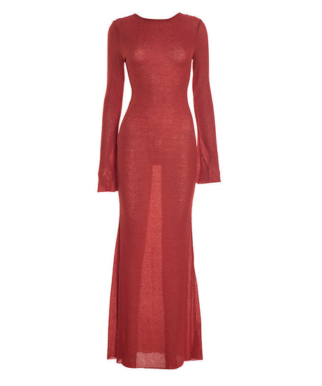Autumn Blaze Sheer Knit Maxi Dress - Long Sleeve Bodycon with Elegant Back Detail