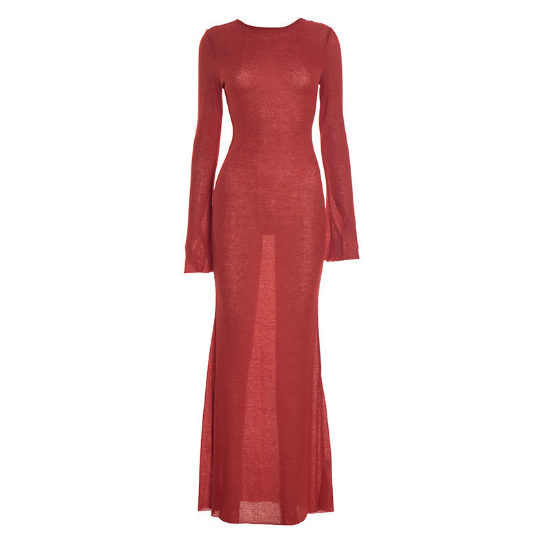 Autumn Blaze Sheer Knit Maxi Dress - Long Sleeve Bodycon with Elegant Back Detail