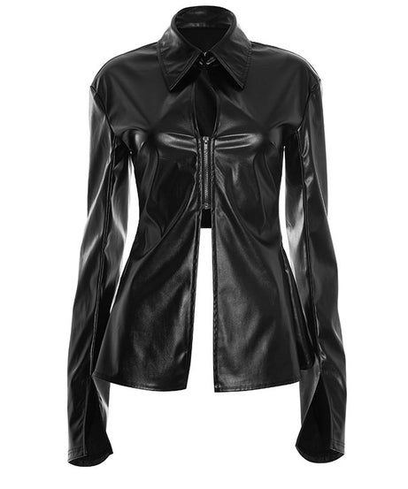 American Chic Faux Leather Zip-Up Top - Edgy Collared Split Hem for Fall & Holiday Style