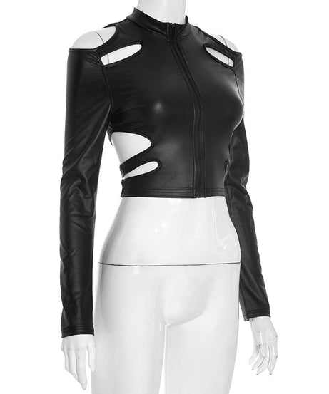 Unleash Your Edge: Sleek Faux Leather Cut-Out Crop Top - Mock Neck Zip-Up Long Sleeve for Fall & Holiday Parties
