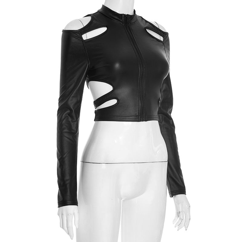 Unleash Your Edge: Sleek Faux Leather Cut-Out Crop Top - Mock Neck Zip-Up Long Sleeve for Fall & Holiday Parties