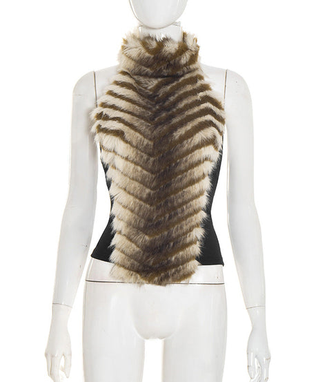 Glamorous Chevron Faux Fur Halter Top: Backless Style for Fall & Winter Celebrations