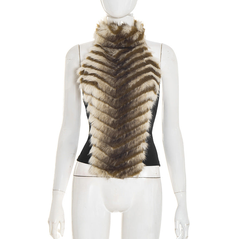 Glamorous Chevron Faux Fur Halter Top: Backless Style for Fall & Winter Celebrations