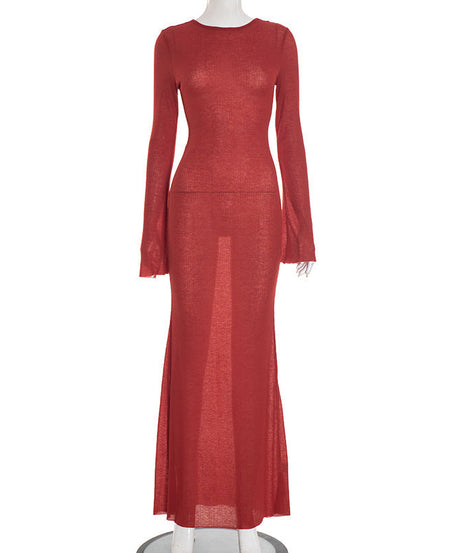 Autumn Blaze Sheer Knit Maxi Dress - Long Sleeve Bodycon with Elegant Back Detail