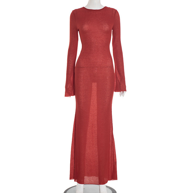 Autumn Blaze Sheer Knit Maxi Dress - Long Sleeve Bodycon with Elegant Back Detail