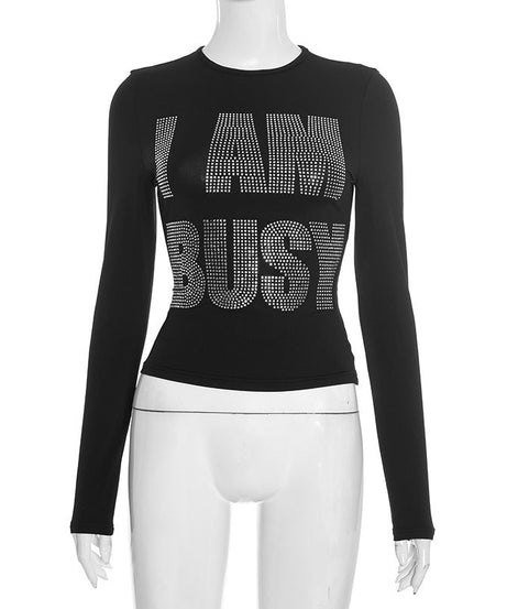 "I AM BUSY" Rhinestone Long Sleeve Top - Fall & Holiday Statement Tee for Women